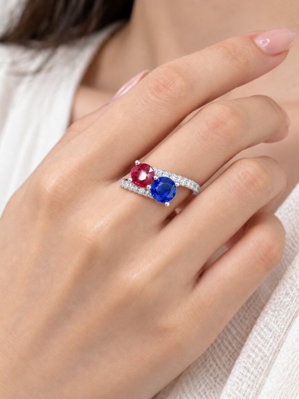 1.07ct Natural Mozambique 2 Stone Ruby and Sapphire Ring 14K White Gold Sz 6.5